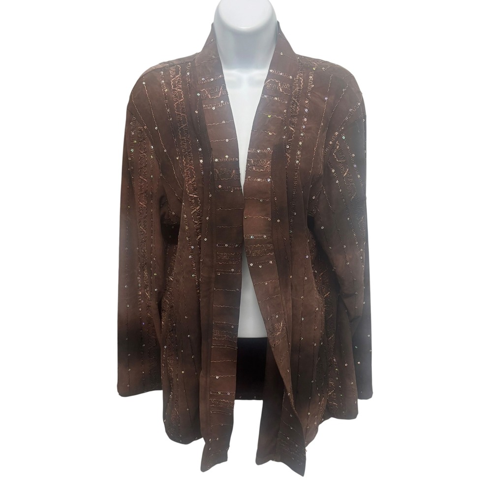 Shannon Ford New York Brown Sequin Embroidered Open Front Cardigan XL Womens